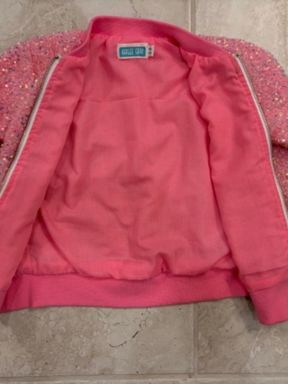 Kaylee Gray Iridescent Pink Sequin Bomber Jacket Girls Size 5-6 Barbie Glam - Picture 7 of 8